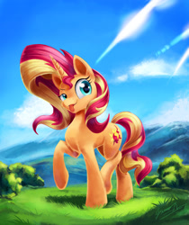 Size: 2500x2979 | Tagged: safe, artist:light-of-inirida, sunset shimmer, pony, unicorn, :p, cute, female, grass field, mare, raised hoof, scenery, shimmerbetes, silly, solo, tongue out