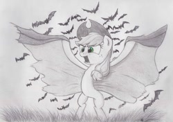 Size: 900x634 | Tagged: safe, artist:applebeard, applejack, earth pony, pony, bats!, applebat, bipedal, cape, clothes, monochrome, solo, traditional art