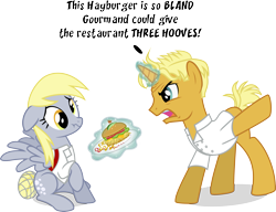 Size: 3615x2771 | Tagged: safe, artist:nstone53, derpy hooves, gourmand ramsay, pegasus, pony, unicorn, spice up your life, burger, female, floppy ears, food, gordon ramsay, hay burger, magic, mare, ponified, simple background, telekinesis, transparent background