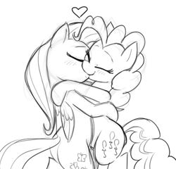 Size: 543x522 | Tagged: safe, artist:mickeymonster, fluttershy, pinkie pie, earth pony, pegasus, pony, female, flutterpie, kissing, lesbian, monochrome, shipping