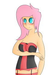 Size: 2000x2800 | Tagged: safe, artist:psalmie, fluttershy, human, blushing, cleavage, clothes, female, humanized, lingerie, ribbon, solo