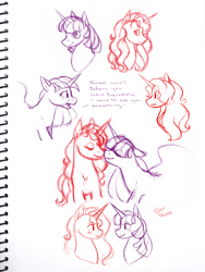 Size: 1280x1701 | Tagged: safe, artist:eeviart, sunset shimmer, twilight sparkle, twilight sparkle (alicorn), alicorn, pony, blushing, boop, comic, confession, cute, female, horns are touching, lesbian, looking at each other, noseboop, pencil drawing, shimmerbetes, shipping, sunsetsparkle, traditional art, twiabetes