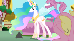 Size: 1366x768 | Tagged: safe, screencap, fluttershy, philomena, princess celestia, alicorn, pegasus, pony, a bird in the hoof, ash