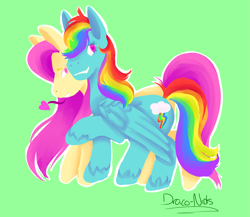 Size: 3971x3448 | Tagged: safe, artist:draco-nids, derpibooru import, fluttershy, rainbow dash, pegasus, pony, cutie mark, female, flutterdash, green background, heart, lesbian, mare, raised hoof, shipping, simple background, smiling