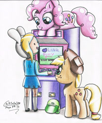 Size: 4888x5938 | Tagged: safe, artist:chikisxsxs210, applejack, pinkie pie, earth pony, pony, absurd resolution, adventure time, arcade, crossover, fionna, request, traditional art