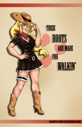 Size: 721x1109 | Tagged: safe, artist:anightlypony, applejack, human, cowgirl, garter, humanized, light skin, nancy sinatra, pinup, solo, wallpaper