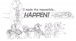 Size: 2000x1098 | Tagged: safe, artist:toonicorn, derpibooru import, applejack, fluttershy, pinkie pie, rainbow dash, rarity, spike, twilight sparkle, dragon, earth pony, pegasus, pony, unicorn, mane seven, mane six, monochrome, sonic rainboom, traditional art