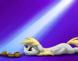 Size: 4200x3300 | Tagged: safe, artist:verulence, derpy hooves, pegasus, pony, female, mare, muffin, prone, sad, solo