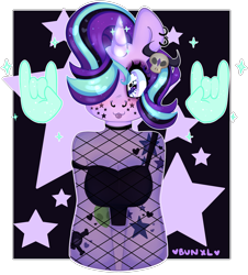 Size: 3075x3397 | Tagged: safe, artist:bunxl, starlight glimmer, anthro, abstract background, breasts, cleavage, ear piercing, eyeshadow, female, fishnet stockings, goth, hand, heart eyes, high res, magic, magic hands, makeup, metal horns, nose piercing, piercing, rock on, simple background, solo, transparent background, unmoving plaid, wingding eyes