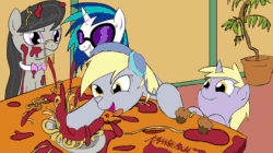 Size: 720x404 | Tagged: safe, artist:kanashiipanda, derpy hooves, dinky hooves, dj pon-3, octavia melody, vinyl scratch, earth pony, pegasus, pony, animated, derpstep, dinner, female, food, frame by frame, headphones, mare, nose in the air, not salmon, octavia is not amused, pasta, pounding, spaghetti, unamused, wat