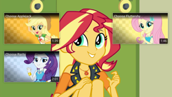 Size: 1920x1080 | Tagged: safe, screencap, applejack, fluttershy, rarity, sunset shimmer, better together, driving miss shimmer, driving miss shimmer: applejack, driving miss shimmer: fluttershy, driving miss shimmer: rarity, equestria girls, cyoa, fourth wall, geode of empathy, geode of fauna, geode of shielding, geode of super strength, magical geodes, youtube
