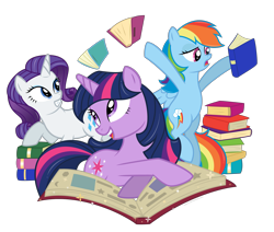 Size: 2000x1696 | Tagged: safe, artist:roze23, derpibooru import, rainbow dash, rarity, twilight sparkle, pegasus, pony, unicorn, book, simple background, transparent background, vector