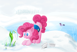 Size: 1650x1136 | Tagged: safe, artist:suntenri, derpibooru import, pinkie pie, twilight sparkle, earth pony, pony, unicorn, winter wrap up, clothes, female, flower, ice skates, ice skating, looking at something, mare, plant, snow, snowdrop (flower), solo focus, vest, weather team, winter, winter wrap up vest