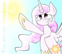 Size: 1850x1600 | Tagged: safe, artist:heedheed, princess celestia, alicorn, pony, flying, heart, pink mane, pink-mane celestia, solo, sun, valentine's day