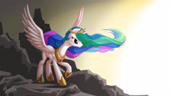 Size: 2560x1440 | Tagged: safe, artist:mysticalpha, princess celestia, alicorn, pony, raised hoof, solo, spread wings, wallpaper