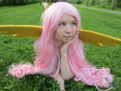 Size: 1024x768 | Tagged: safe, artist:hedamiu, fluttershy, human, cosplay, grass, irl, irl human, photo, prone, solo