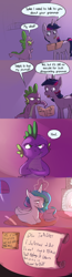 Size: 1024x3937 | Tagged: safe, artist:imsokyo, princess celestia, spike, twilight sparkle, unicorn twilight, alicorn, dragon, pony, troll, unicorn, amused, comic, daily life of spike, dialogue, female, grammar nazi, letter, levitation, magic, male, mare, missing accessory, no pupils, open mouth, ponyloaf, snorting, speech bubble, telekinesis, younger