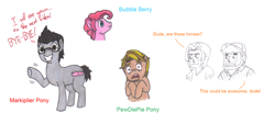 Size: 1024x466 | Tagged: safe, artist:the-papernes-guy, bubble berry, pinkie pie, earth pony, pony, egoraptor, jontron, markiplier, pewdiepie, ponified, rule 63