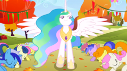 Size: 1366x768 | Tagged: safe, screencap, bon bon, carrot top, dizzy twister, golden harvest, linky, minuette, orange swirl, princess celestia, sea swirl, seafoam, shoeshine, spring melody, sprinkle medley, sweetie drops, twinkleshine, alicorn, earth pony, pegasus, pony, unicorn, fall weather friends, bowing, c:, eyes closed, female, front facing, lidded eyes, low angle, mare, raised hoof, smiling, spread wings, wings