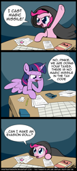 Size: 800x1776 | Tagged: safe, artist:whatsapokemon, derpibooru import, pinkie pie, twilight sparkle, twilight sparkle (alicorn), alicorn, earth pony, pony, accounting, book, calculator, cloak, clothes, comic, dungeons and dragons, female, hoof on chin, horse taxes, magic missile, mare, pencil, slice of life, spread wings, tabletop game, tax evasion, taxes, wings