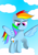 Size: 2480x3508 | Tagged: safe, artist:twinblade edge, derpibooru import, rainbow dash, pegasus, pony, cloud, female, grin, hooves, mare, on a cloud, raised hoof, sky, smiling, solo, spread wings, standing on cloud, wings