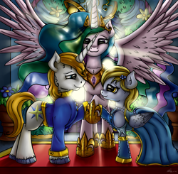 Size: 2551x2500 | Tagged: safe, artist:neko-me, derpy hooves, prince blueblood, princess celestia, alicorn, pegasus, pony, fanfic:where is my love?, clothes, crack shipping, derpblood, dress, female, mare, marriage, shipping, wedding, wedding dress, window