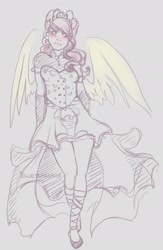 Size: 1248x1920 | Tagged: safe, artist:blueteardrop, fluttershy, human, blushing, clothes, dress, humanized, solo, winged humanization