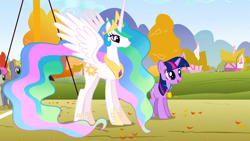 Size: 1366x768 | Tagged: safe, screencap, bon bon, ponet, princess celestia, sweetie drops, twilight sparkle, alicorn, pony, fall weather friends