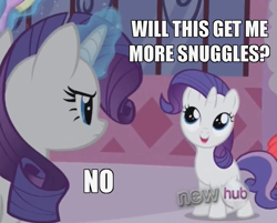 Size: 807x649 | Tagged: safe, screencap, rarity, sweetie belle, pony, unicorn, magic duel, alternate hairstyle, blatant lies, image macro, imma snuggle you, meme, raritie belle