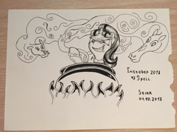 Size: 1210x907 | Tagged: safe, artist:stink111, snowfall frost, starlight glimmer, pony, windigo, a hearth's warming tail, cauldron, fire, inktober, monochrome, solo, traditional art