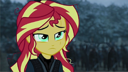 Size: 1262x712 | Tagged: safe, artist:aboimages03, sunset shimmer, equestria girls, clothes, crossover, female, forest, game of thrones, solo