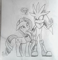 Size: 768x784 | Tagged: safe, artist:diamond--rose, rarity, pony, unicorn, crossover, monochrome, photo, silver the hedgehog, sketch, sonic the hedgehog (series), traditional art