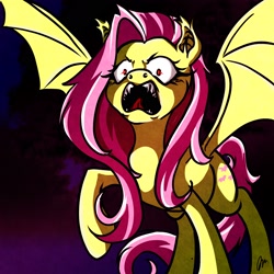 Size: 1800x1800 | Tagged: safe, artist:hairezz, fluttershy, bat pony, pony, angry, fangs, flutterbat, looking at you, open mouth, race swap, raised hoof, solo, spread wings, wide eyes