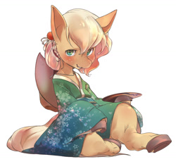 Size: 1448x1352 | Tagged: safe, artist:koruga, applejack, earth pony, pony, clothes, hooves, kimono (clothing), pixiv, sake, simple background, sitting, solo