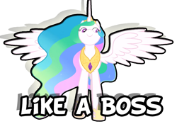 Size: 1095x768 | Tagged: safe, edit, edited screencap, screencap, princess celestia, alicorn, pony, fall weather friends, like a boss, solo, spread wings, text