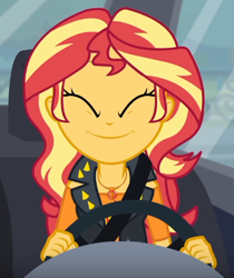 Size: 436x519 | Tagged: safe, screencap, sunset shimmer, driving miss shimmer, driving miss shimmer: fluttershy, equestria girls, equestria girls series, cute, eyes closed, geode of empathy, happy, magical geodes, shimmerbetes, smiling, solo