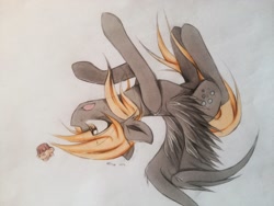 Size: 1024x768 | Tagged: safe, artist:dashermeow, derpy hooves, pegasus, pony, falling, female, food, mare, muffin, open mouth, solo, traditional art, upside down