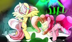 Size: 1280x750 | Tagged: safe, artist:madacon, dj pon-3, fluttershy, pinkie pie, vinyl scratch, earth pony, pegasus, pony, unicorn, dancing, glowstick, not so shy