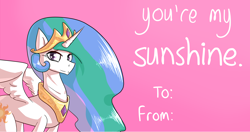 Size: 3800x2000 | Tagged: safe, artist:whisperfoot, princess celestia, alicorn, pony, card, crown, cute, holiday, horn, solo, valentine, valentine's day, wings