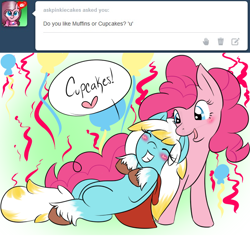 Size: 636x600 | Tagged: safe, artist:tomomifox95, pinkie pie, oc, oc:red hood, earth pony, pony, ask, blushing, grin