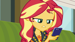 Size: 1280x720 | Tagged: safe, screencap, sunset shimmer, better together, equestria girls, text support, text support: sunset shimmer, cellphone, geode of empathy, magical geodes, phone, smartphone, solo