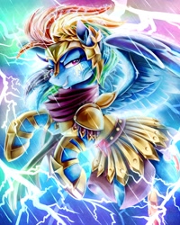 Size: 2880x3600 | Tagged: safe, artist:jadedjynx, derpibooru import, part of a set, rainbow dash, pegasus, pony, alternate hairstyle, armor, backwards cutie mark, badass, electric dash, electricity, fantasy class, female, lightning, looking at you, mare, smiling, solo, warrior