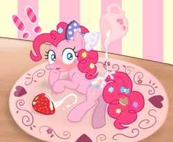 Size: 1234x1013 | Tagged: safe, artist:momo, pinkie pie, earth pony, pony, askharajukupinkiepie, blushing, cream, cute, diapinkes, female, food, implied vore, looking at you, mare, pinup, plate, pony as food, pouring, solo, strawberry