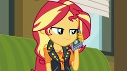 Size: 1280x720 | Tagged: safe, screencap, sunset shimmer, better together, equestria girls, text support, text support: sunset shimmer, cellphone, geode of empathy, magical geodes, phone, smartphone, smiling, solo