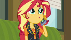 Size: 1280x720 | Tagged: safe, screencap, sunset shimmer, better together, equestria girls, text support, text support: sunset shimmer, geode of empathy, magical geodes, solo