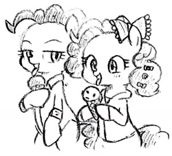 Size: 1024x931 | Tagged: safe, artist:tebasaki, pinkie pie, earth pony, pony, semi-anthro, clothes, duality, eating, famihara, grayscale, hoof hold, ice cream, ice cream cone, licking, monochrome, simple background, tongue out