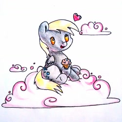 Size: 1420x1420 | Tagged: safe, derpy hooves, pegasus, pony, cloud, female, food, heart, mare, muffin, sitting, solo, traditional art