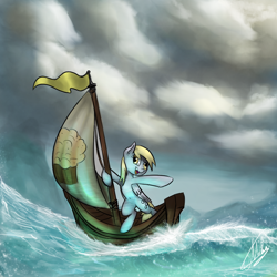 Size: 1000x1000 | Tagged: safe, artist:xxmarkingxx, derpy hooves, pegasus, pony, boat, cloud, female, mare, ocean, solo, wave