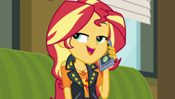 Size: 1280x720 | Tagged: safe, screencap, sunset shimmer, equestria girls, equestria girls series, text support, text support: sunset shimmer, cellphone, geode of empathy, magical geodes, phone, smartphone, solo, talking