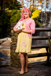 Size: 1365x2048 | Tagged: safe, artist:zoeysecho, fluttershy, human, rabbit, clothes, cosplay, irl, irl human, momocon, photo, plushie, solo, sweater, sweatershy